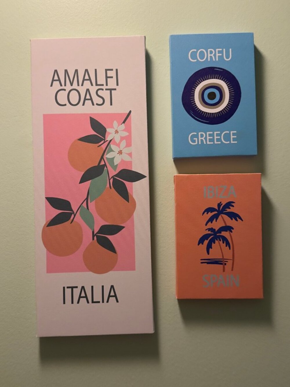 Travel Wall Art Set of 3 Canvas Prints Amalfi Coast Corfu Greece Ibiza Spain